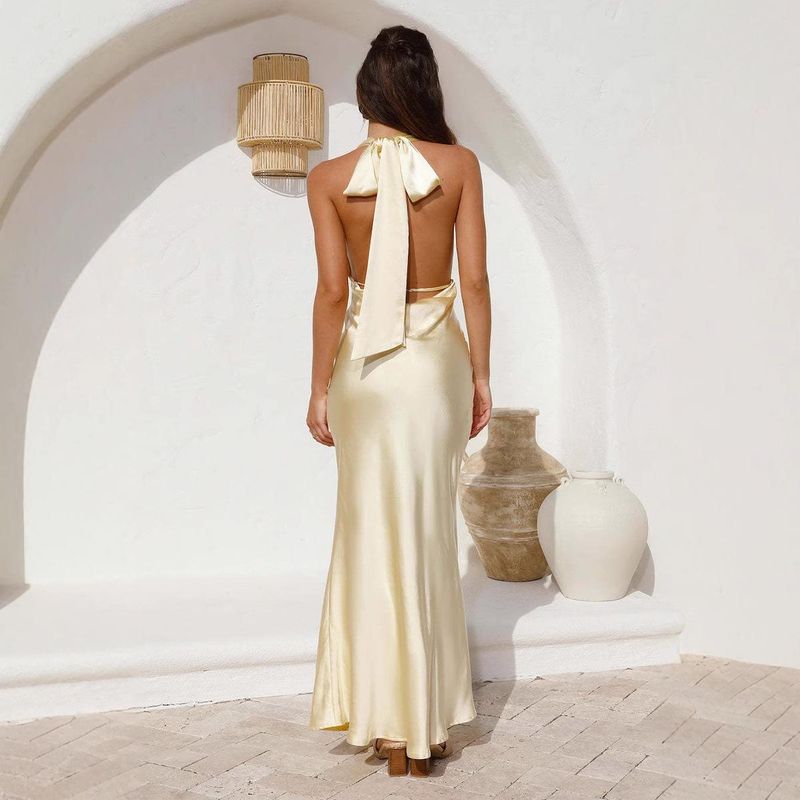 2025 European and American Women Clothes Sexy Waist Hugging Hanging Neck Backless Solid Elegant Formal Dress Dress Women