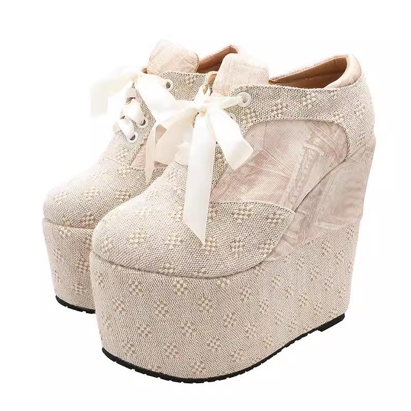 Fashion 2025 New Women's 15CM Extra High Heel Platform Shoes  Breathable Wedge Sandals with Lace-Up Design Slimming Casual shoes