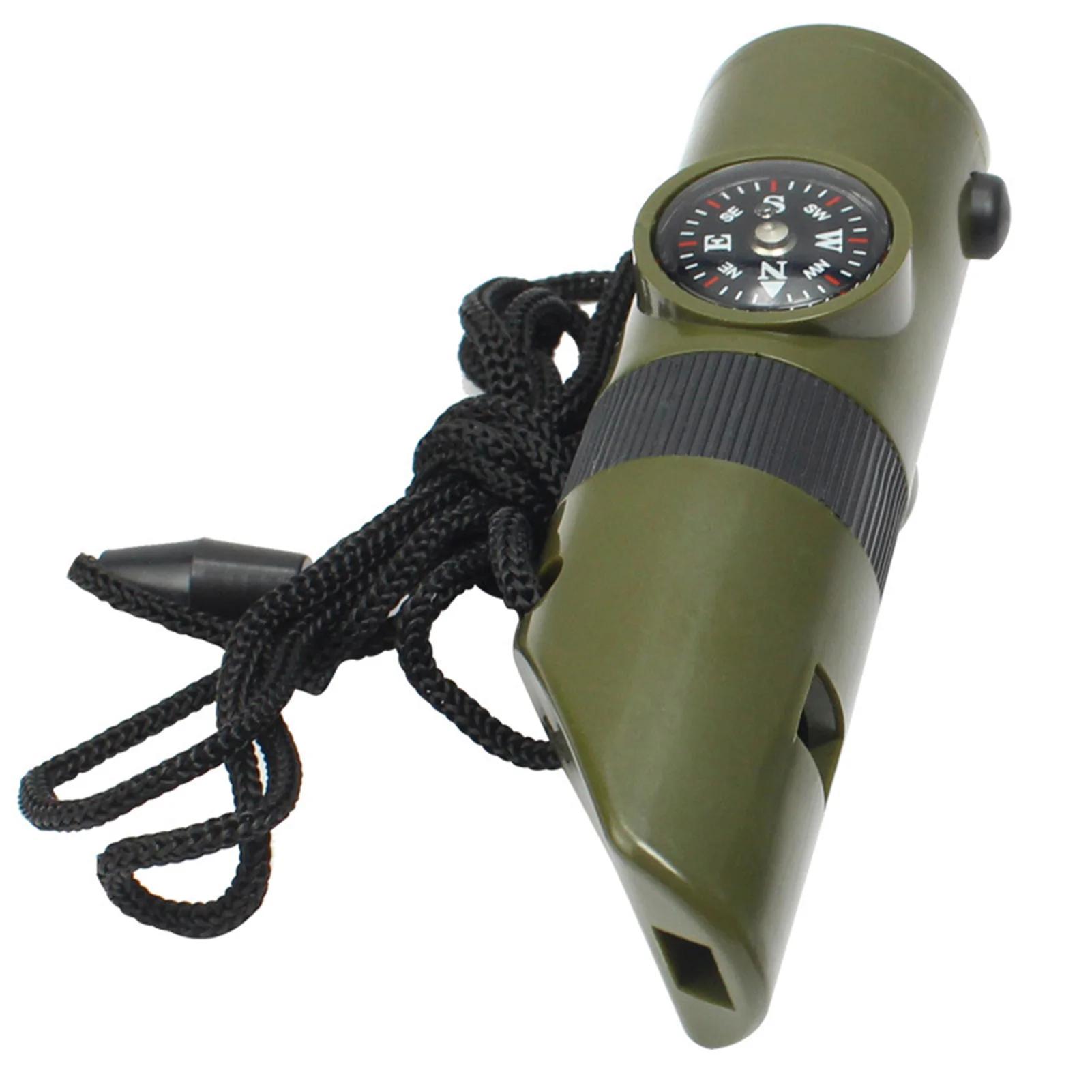 

7 in 1 Jungle Survival Whistle Hiking Whistle Compass Mirror Flashlight Magnifier LED Light Thermometer Storage Compass Tool зелёный