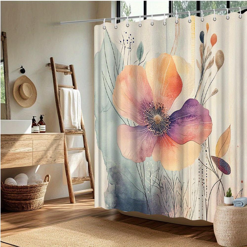 Watercolor Poppy Shower Curtain, Vibrant Orange & Purple Flowers, Abstract Leaves, Fade-Resistant Polyester, Machine Washable