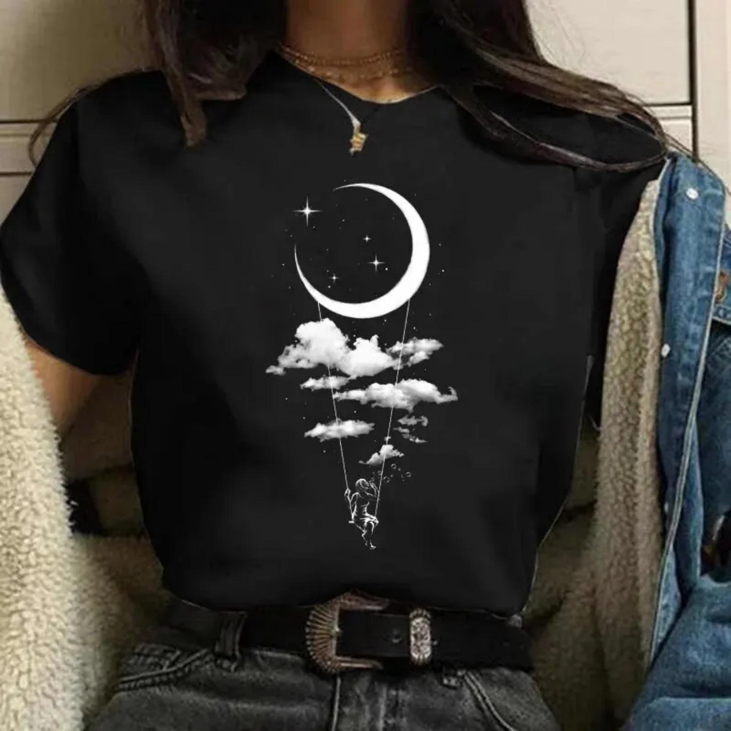 

Moon Harajuku Funny 90s Women T Shirt Girl Cartoon Graphic Printed Black Ladies T-shirt Casual Woman Shirt Kawaii Tee Shirt S чёрный