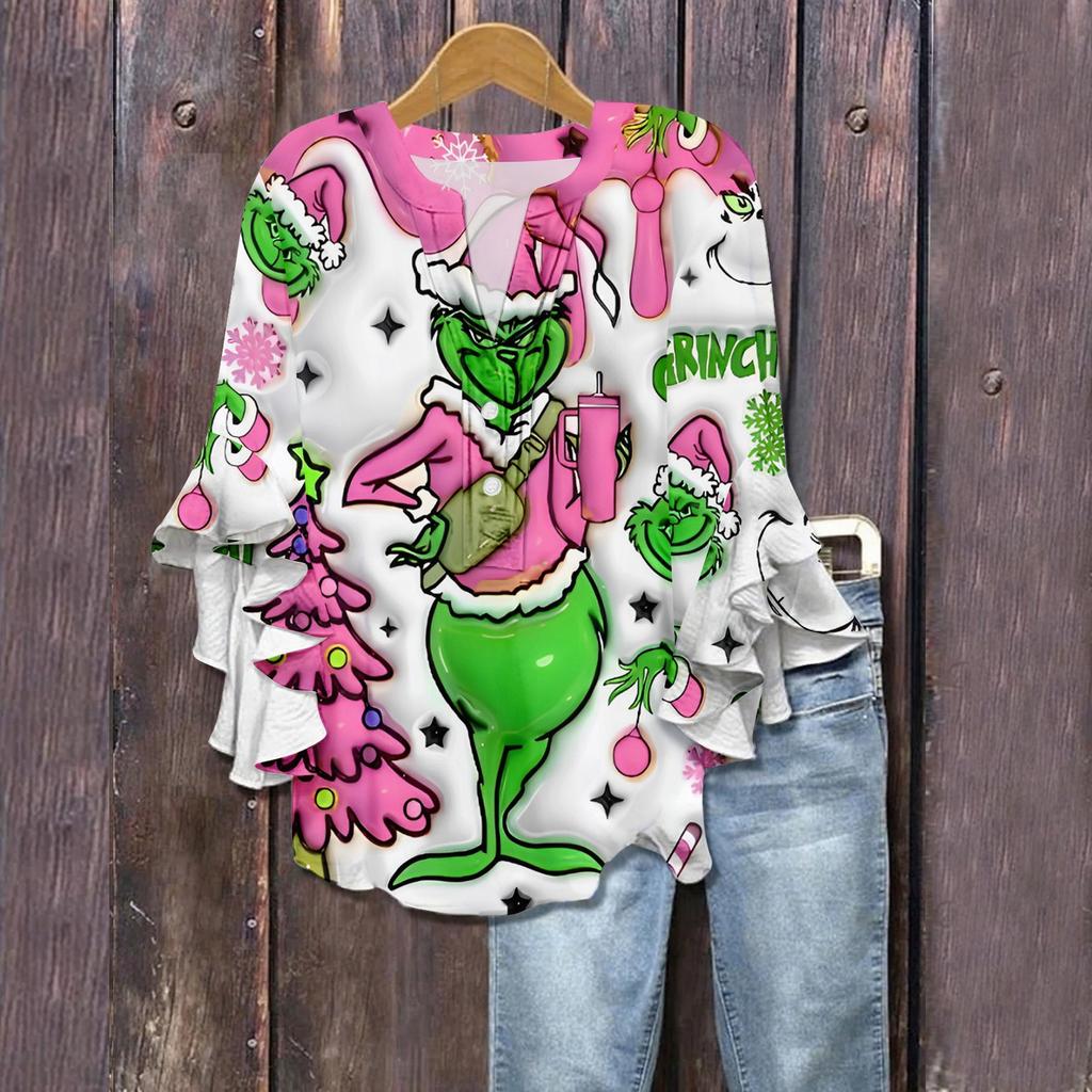 3/4 Sleeve Shirts For Women Cute Print Graphic Tees Blouses Casual Plus Size Basic Ruffled Sleeve Tops Pullover