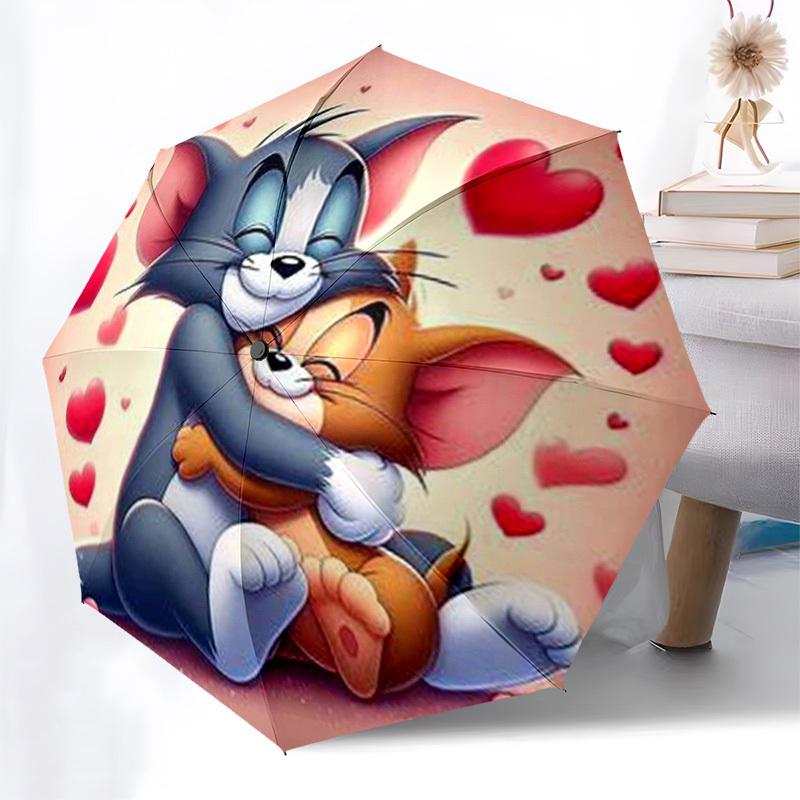 1pc Tom Jerry Love Heart Umbrella with Plastic Handle,Cartoon Pattern,Suitable for All Seasons Multi-functional Umbrella422