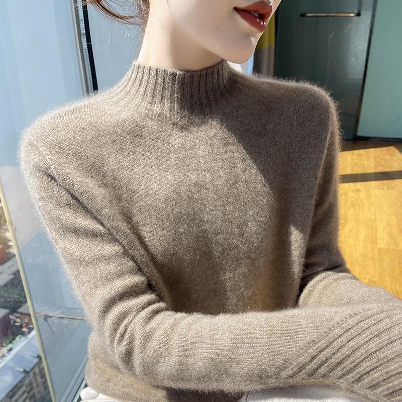 

Женский вязаный свитер облегающего кроя из 100% шерсти с рукавом с прорезью - Теплый, модный, толстый пуловер с полувысоким воротником M (fits 48-50 kg)