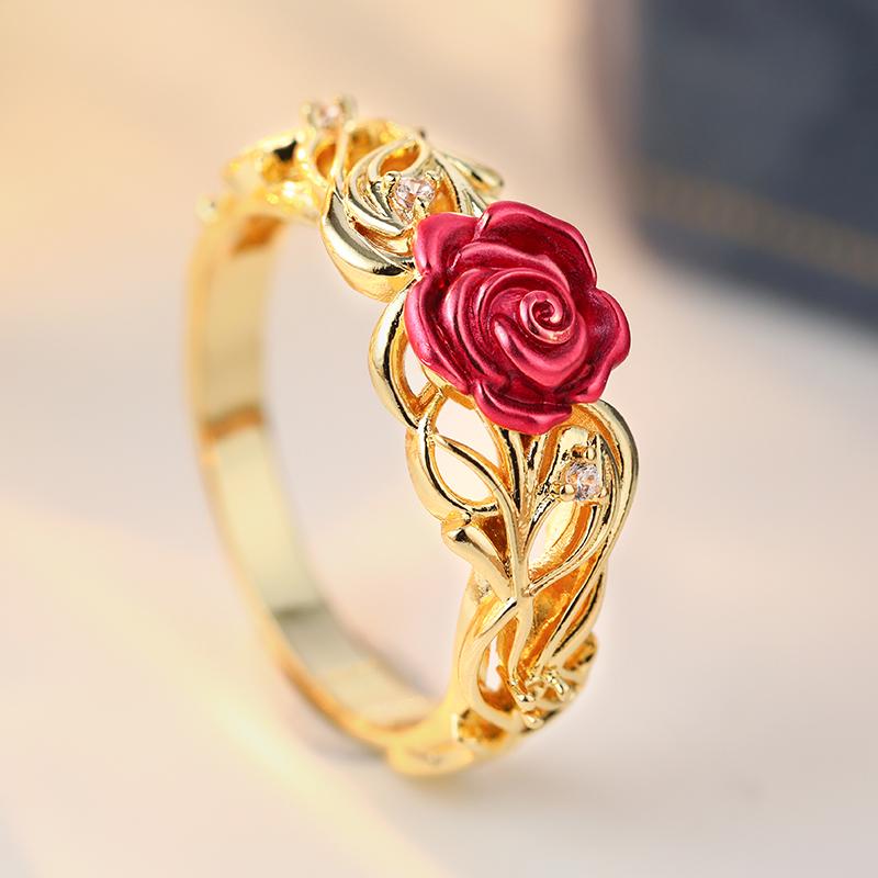 Vintage Inlaid White CZ Women's Ring Dazzling Gold Color Hand Carving Rose Flower Daily Wear Party Jewelry Anniversary Gift