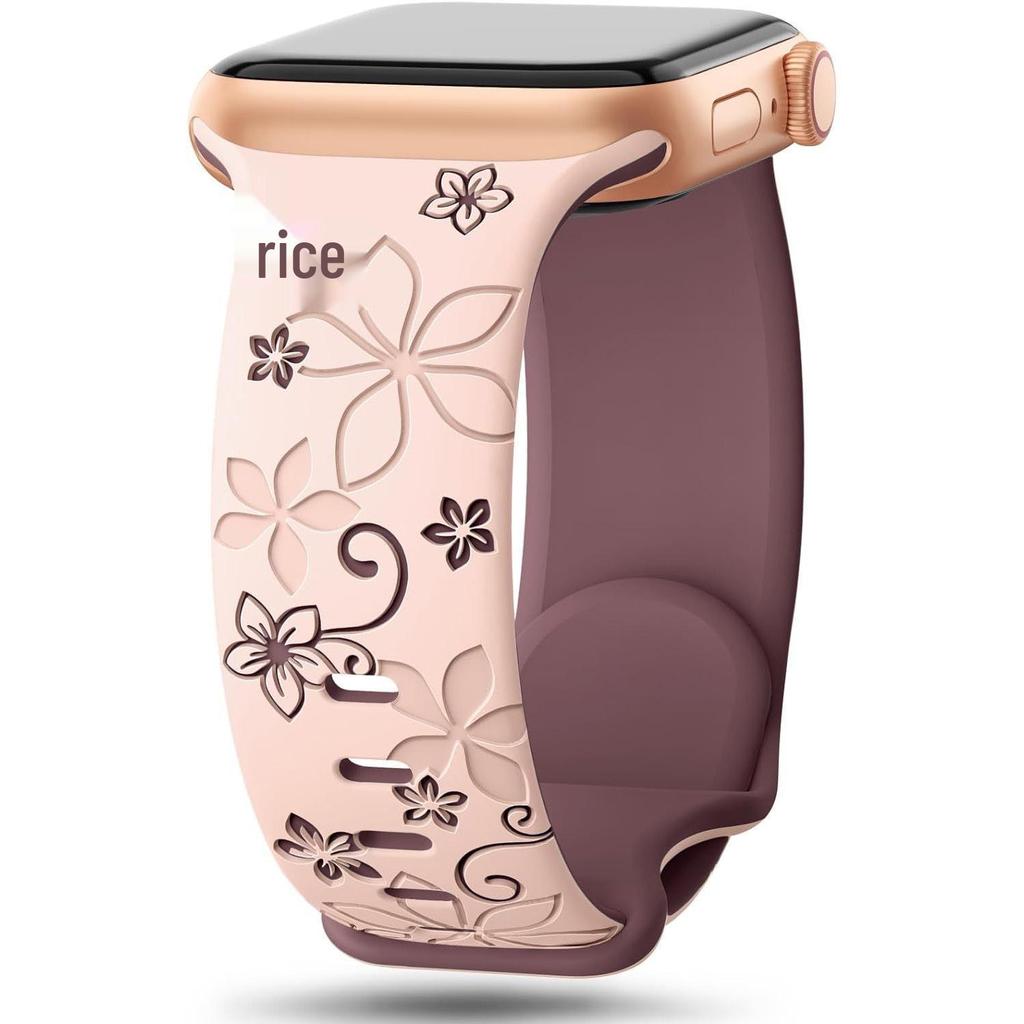 Embossed Floral Silicone Apple Watch Strap: Unisex, Sports, Two-Tone, Infinity Buckle.