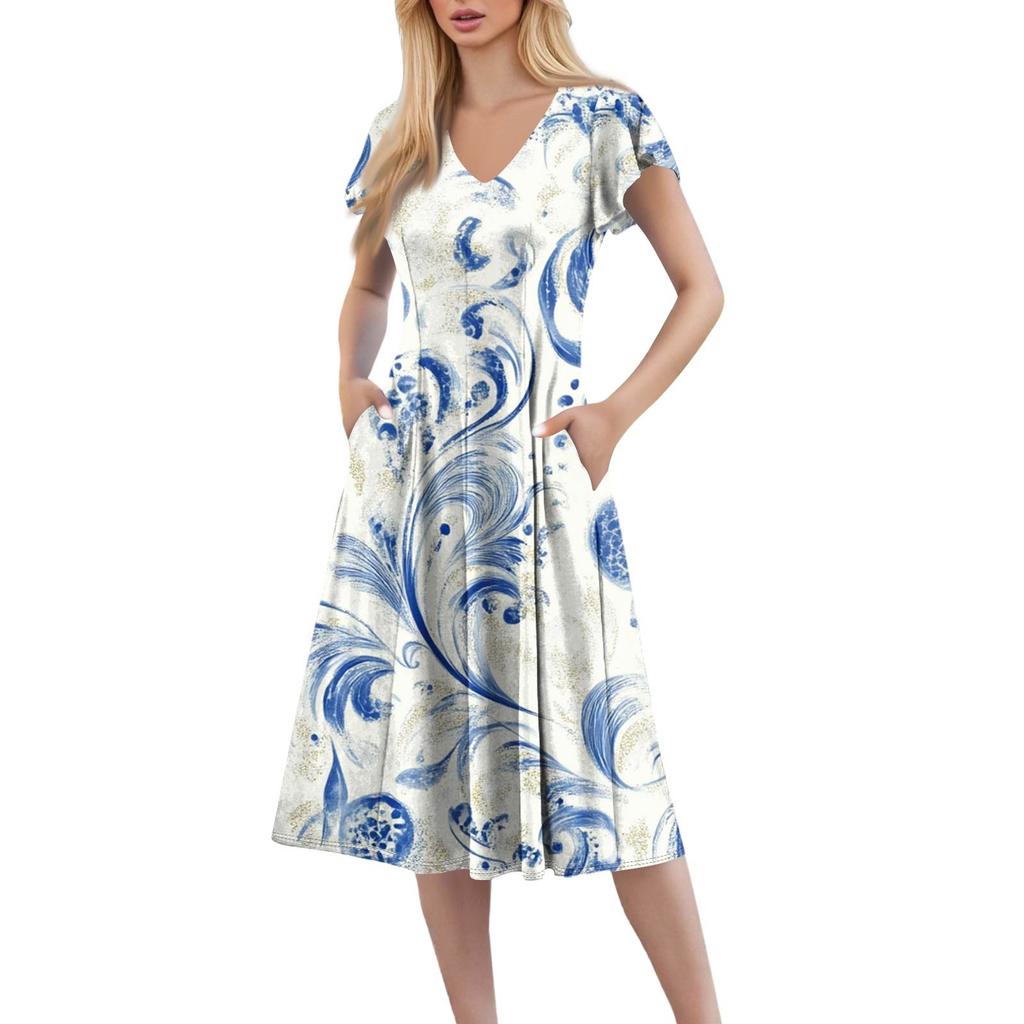 A Casual And Fashionable V-Neck Short-Sleeved Medium-Length Dress With Floral Prints For Women