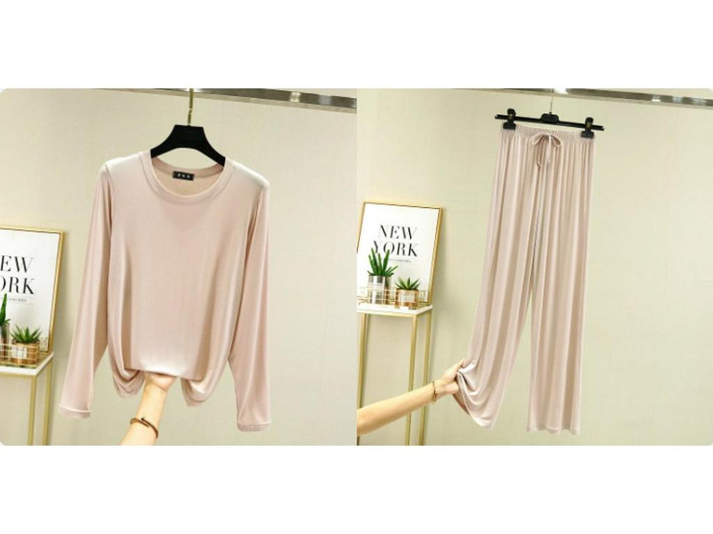 Damski jesienny zestaw piżamowy z bawełny modalnej – bluzka z długim rękawem i spodnie z szerokimi nogawkami