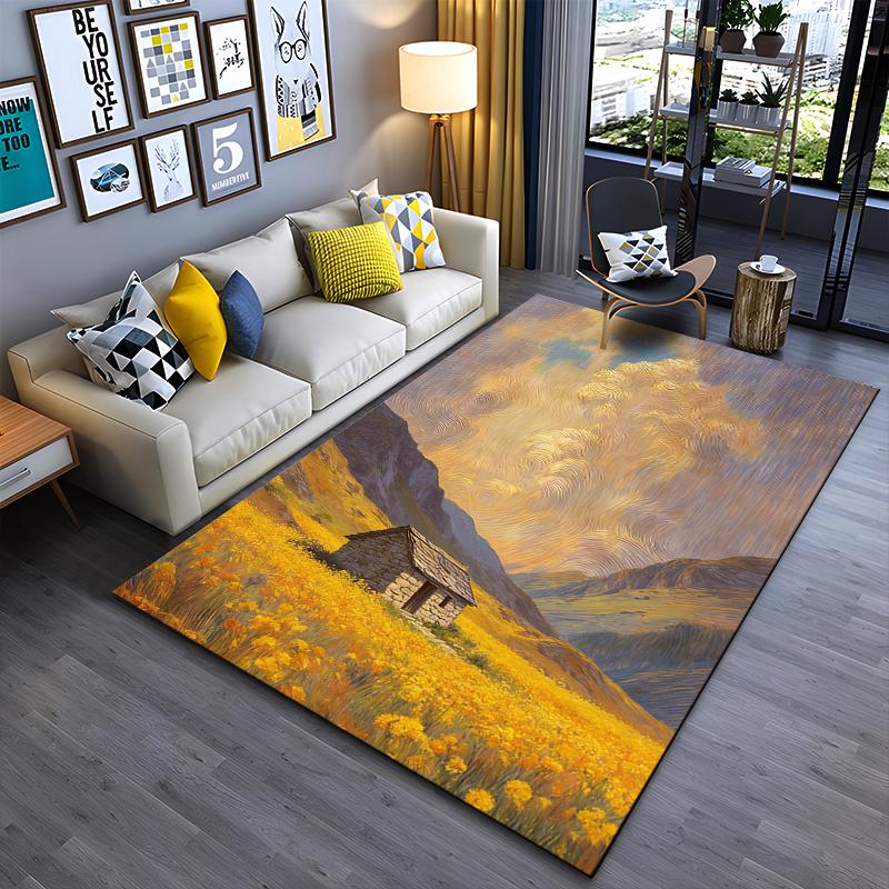 Yellow Field Cottage Landscape Printed Carpet, Van Gogh Style Decor Suitable for Use As an Anti-slip for Living Room Bedroom Sofas