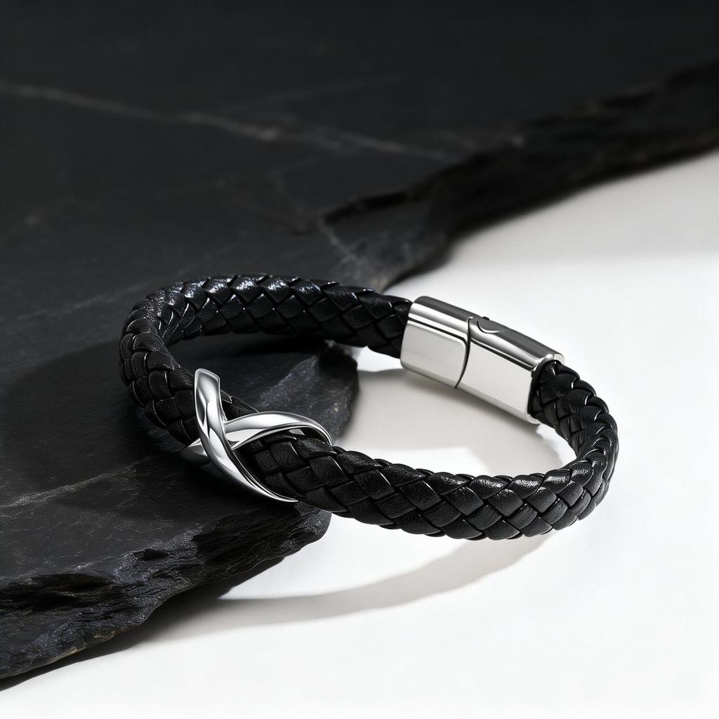 Stainless Steel Infinity Black Leather Bracelet for Men,High Quality Microfiber Leather Wristband,Gift for Husband Dad Him