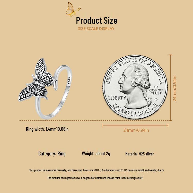 S925 Sterling Silver Butterfly Rose Earrings & Ring Set - Open Ring Design for Women