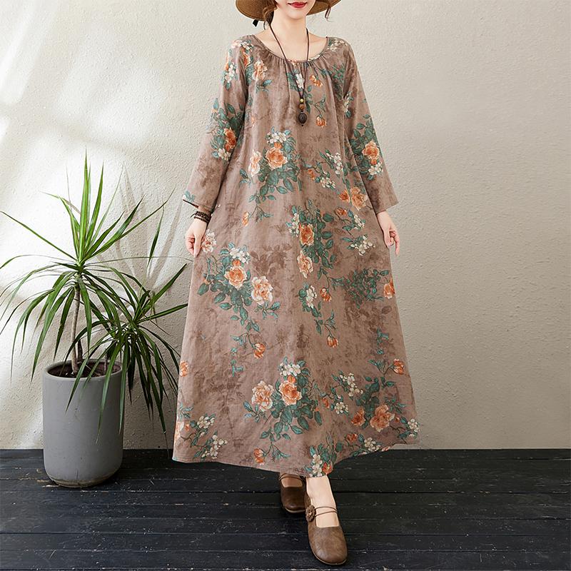 

Dimanaf Новинка 2025 года, женское длинное весеннее платье больших размеров, свободное, повседневное, большого размера, с длинным рукавом, с цветочным принтом, винтажное макси 2XL коричневый