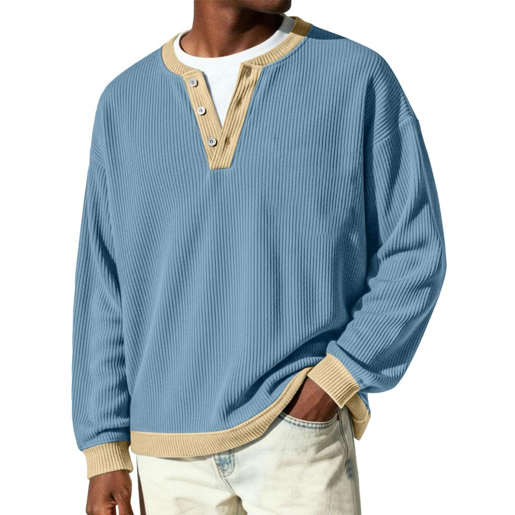 Men's Button-Down Collar Long-Sleeve Ribbed Knit Pullover
