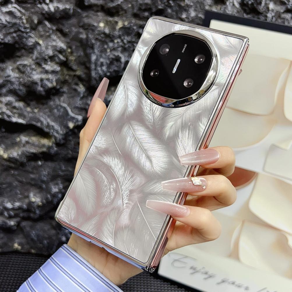 Colorful Galvanized Silver Border Aurora Feather Yarn Phone Case For Huawei Mate X6 huawei mate x5 x3 Camera protect Cover
