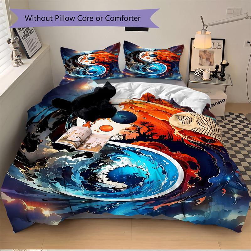 3PCs Yin Yang Symbol Design Cover Set, Breathable Fabric, Machine Washable (1 Duvet Cover + 2 Pillowcases) (Without Quilt) yy250911125