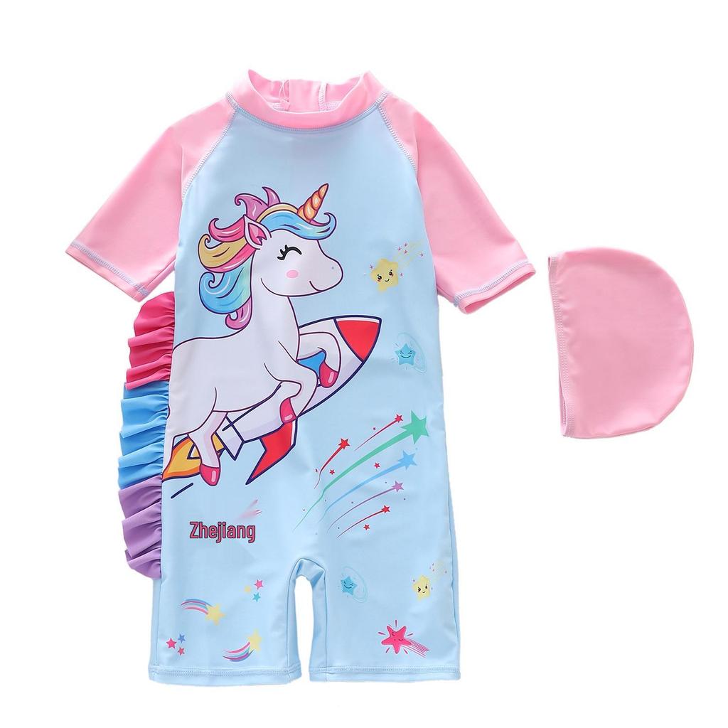 2026 Girls' One-Piece Swimsuit: Cute, Sun-Protective, Short Sleeves, Shorts for Surfing & Pool Activities