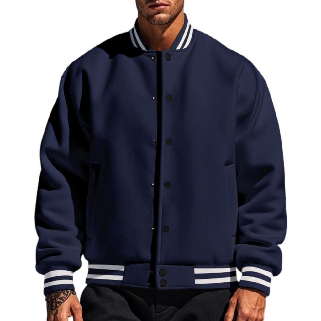Men's Retro Baseball Jacket Loose Fit Stand Collar Casual Single-Breasted Button Closure