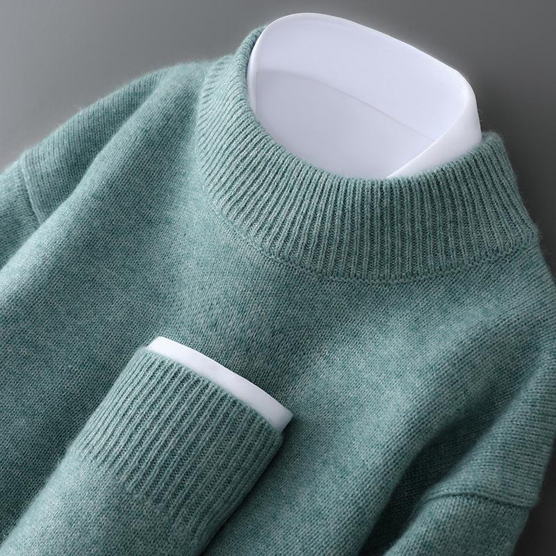 Men's 100% Wool Half-High Neck Loose Knit Sweater - Autumn/Winter Cashmere Pullover