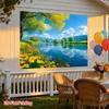 Spring Lake Nature Tapestry, Yellow Flower & Green Tree Background Cloth, Calming Landscape Wall Decor