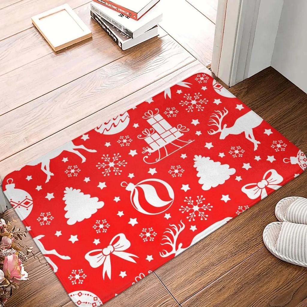 Christmas Day Reindeer Pine Branch Snowflake Pattern Entrance Mat Water Absorbent Non Slip Foot Mat Holiday Decoration