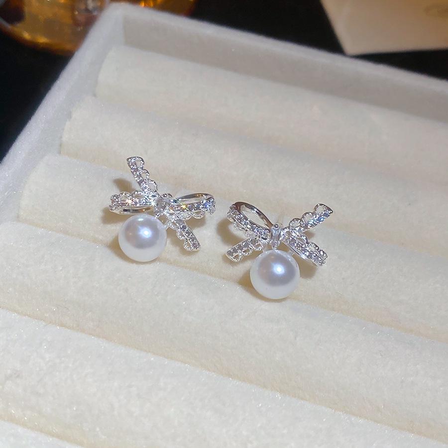 18k Gold Plated Tiger Eye Zircon Pearl Bow Earrings with Silver Needle