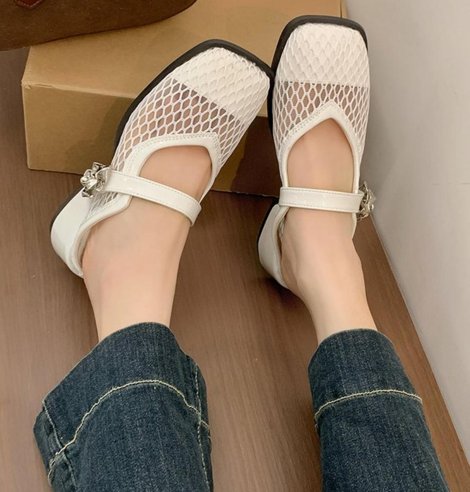 Fashion 2025 Summer Breathable Mesh Hollow Mules Slippers Women Square Head Mary Jane Shoes Women Chunky Heels Square Head Half Slippers
