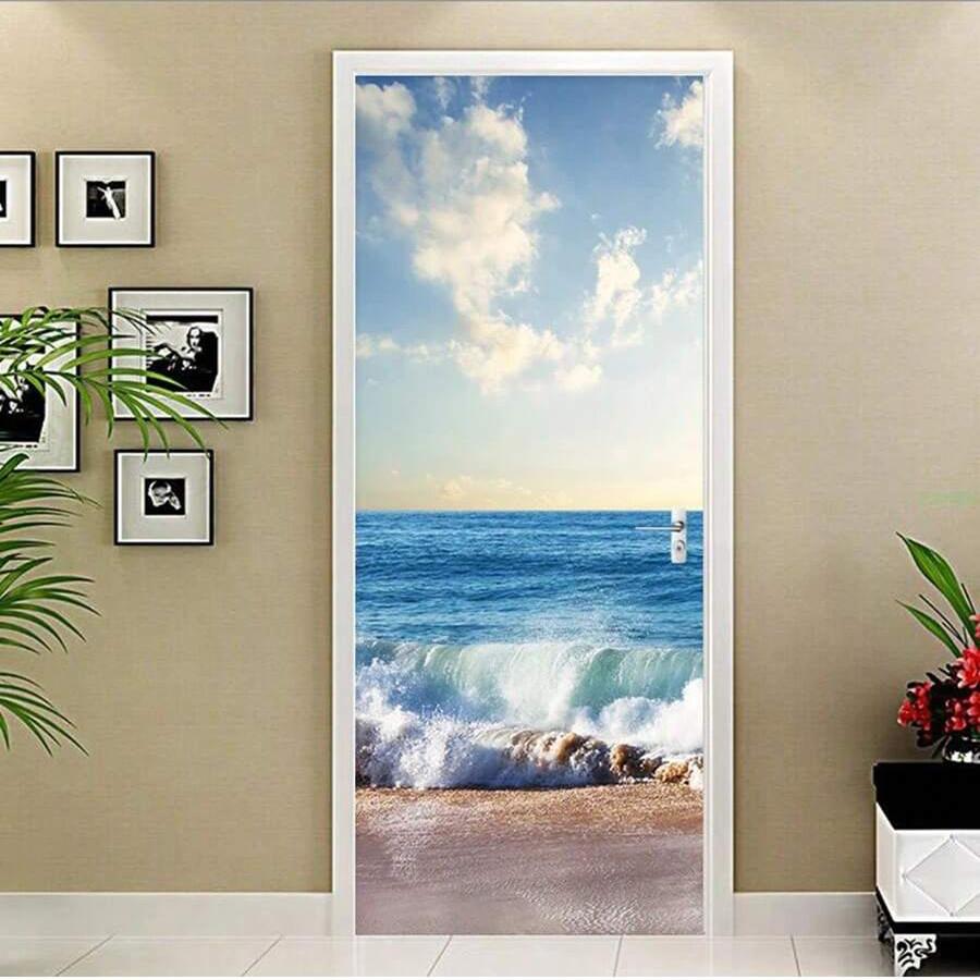 

2 шт. самоклеящаяся водонепроницаемая дверная паста, настенная паста с морским пейзажем, волнами, пляжем, природным пейзажем, для внутреннего и наружного декора стен и дверей шкафа 95cm*215cm синий