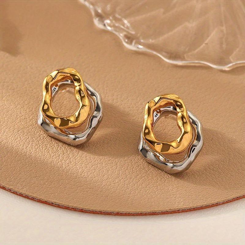 1PAIR Double Layer Irregular Geometric Pattern Copper Earrings, Uneven Surface Fashion Gold and Silver Jewelry Gift