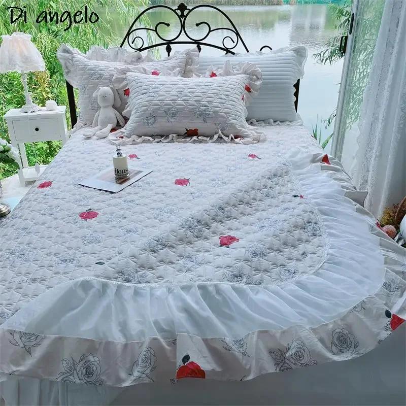 European Style Cotton Floral Wrap Around Ruffle Lace Bed Skirt Sheet Pillowcase Thickened Bed Cover Cotton Quilted Bedspread #/