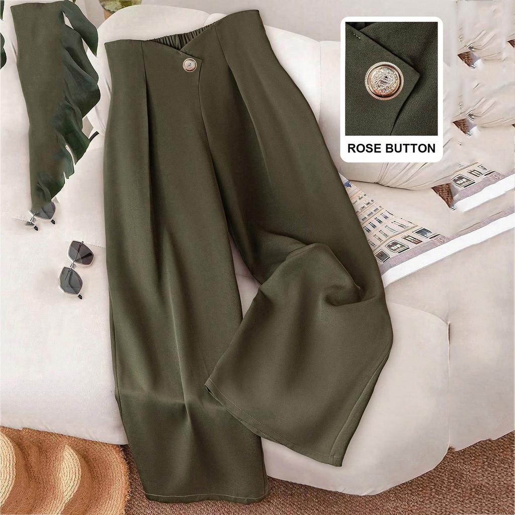 Women's Casual And Stylish Color Button Wide,leg Trousers