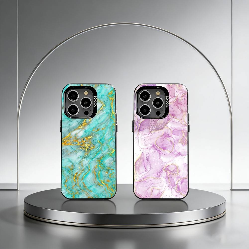 Marble Pattern Phone Case For iPhone 17,16,15,14,13,12,11 Plus,Pro Max,XS,Colored Silver Plated Inside Cover