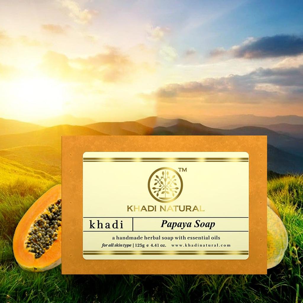 KHADI NATURAL Papaya Handmade Soap For Tan Removal Moisturizing Bath Bar For All Skin Types Pack Of 3 X 125 G Each