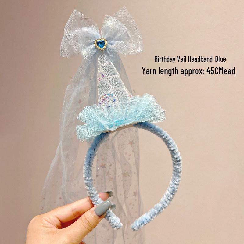 Birthday Hat with Veil Headband for Girls - Party Headwear and Photo Props