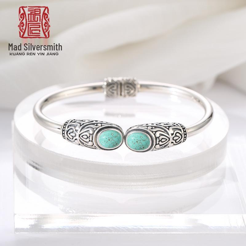 

925 Sterling Silver Tibetan-Style Bangle with Amber and Turquoise Settings 925 Silver