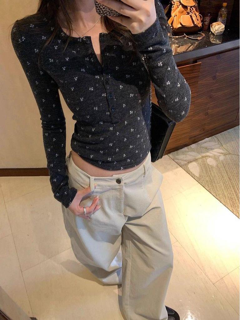 Floral Print Slim Fit Henley Collar Long Sleeve Top for Women - Autumn/Winter Waist-Cinched Base Layer