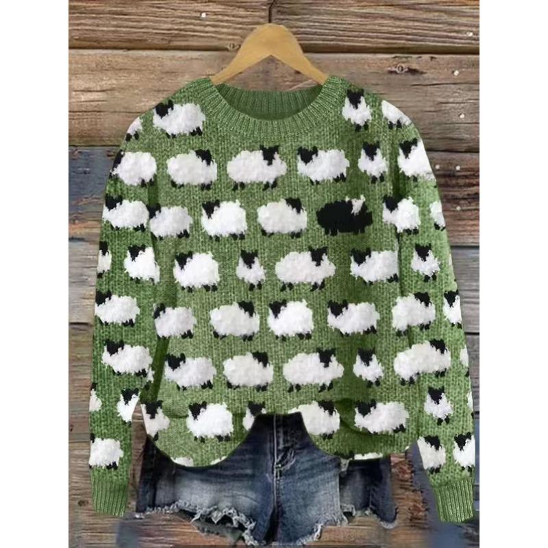 Women's Round Neck Colour Blocked Loose Fit Fashion Pullover Knitwear Luxurious Relaxed-fit Slimming and Versatile Top