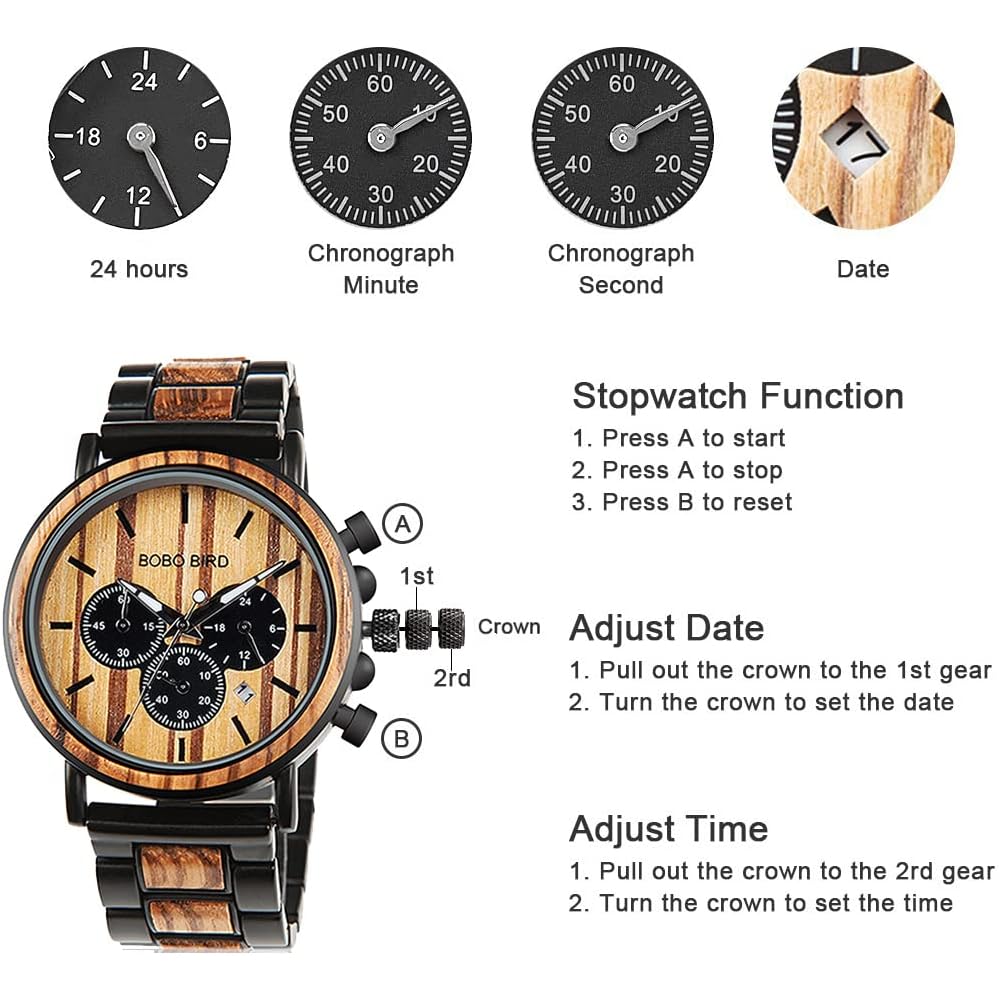 Bobo Bird Men's Stylish Wooden and Stainless Steel Chronograph Military Quartz Casual Watch Black Wood Band