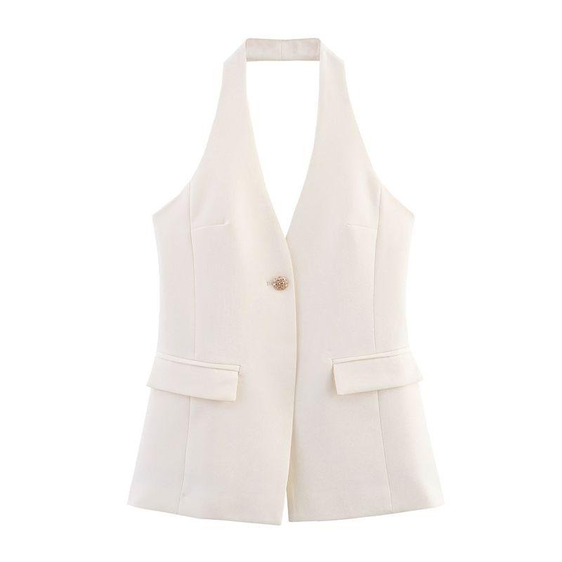 Kaslead New Women Clothes Western Style Fashion Simple Casual White One Button Hanging Neck Top