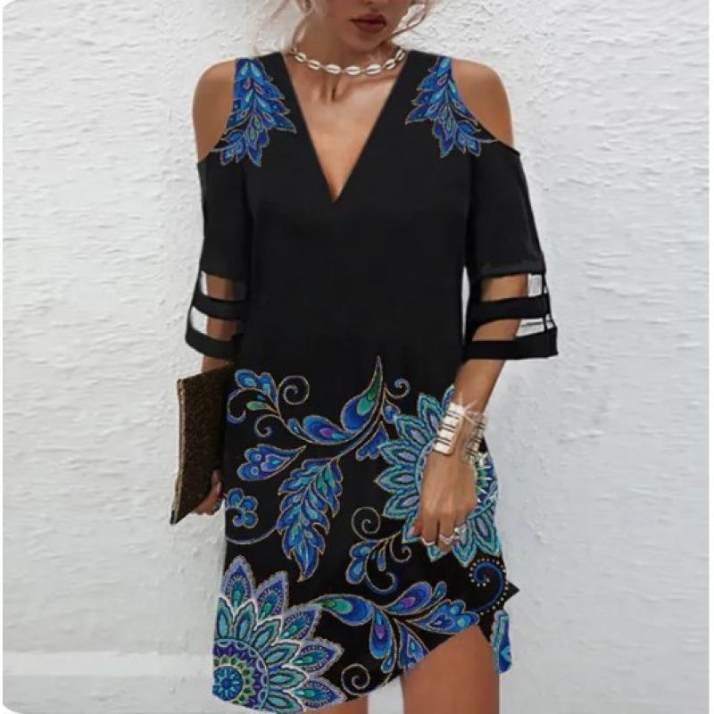 Women Off Shoulder V Neck 3/4 Sleeve Dress with Cut Out Detail Multi Pattern Midi Dress