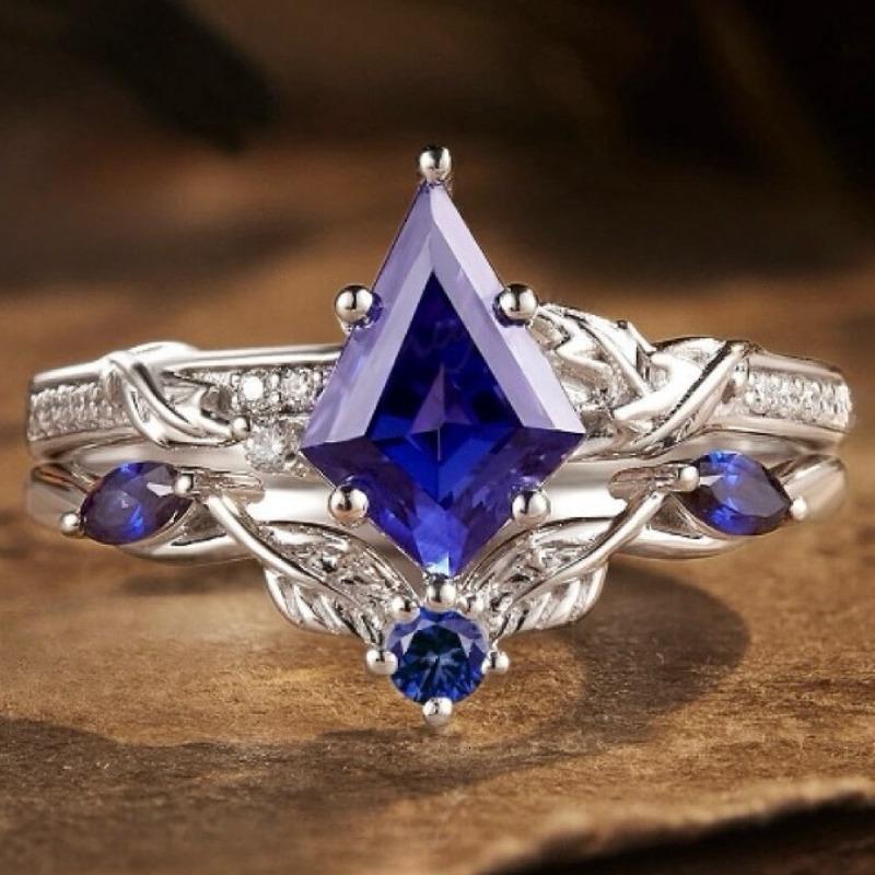 

European and American new fashion ins style irregular rhombus blue zircon inlaid luxury personalized women s ring 9&Silver Plated синий