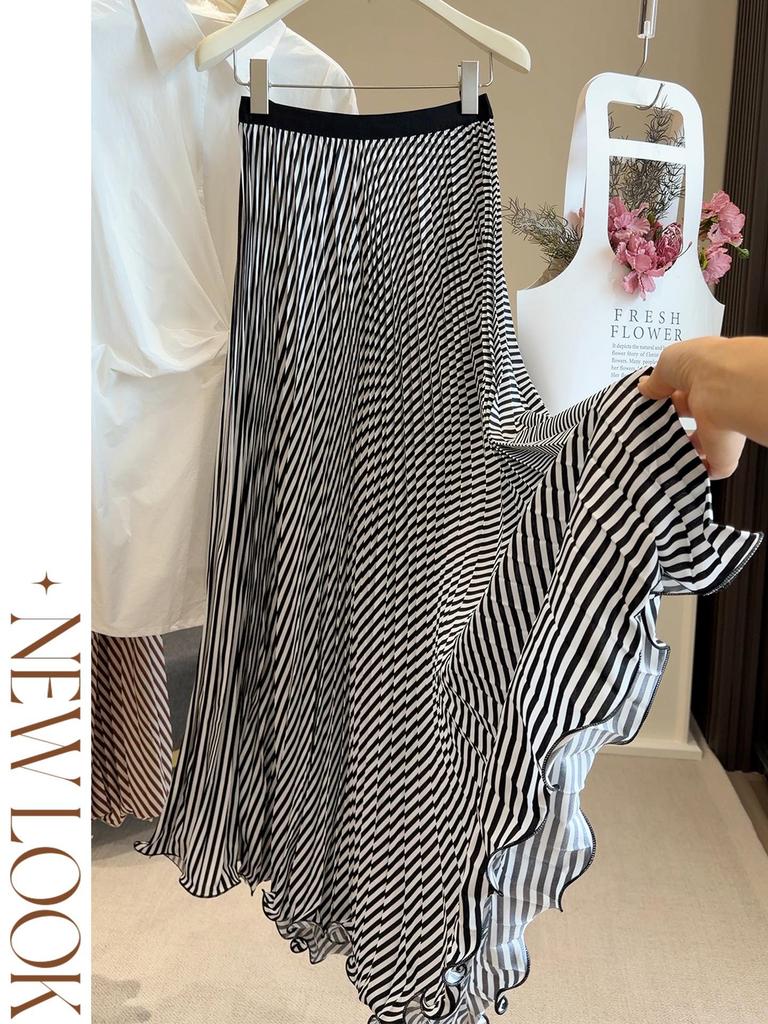 2026 Spring/Summer Women's Slimming High-Waisted Striped Chiffon Pleated Skirt