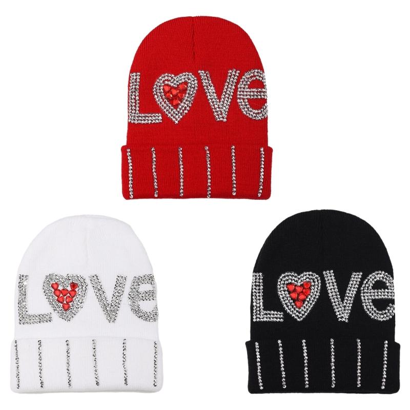 InsStyle Soft Hat Knitted Rhinestone LOVE Letter Beanies Hat Handmade Hat Breathable Pullover Hat Street Photoshoots Cap