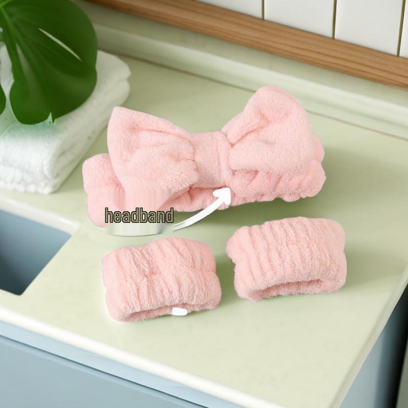 Korallenfleece Anti-Nass Haarband Armband Set für Gesichtswäsche und Hautpflege