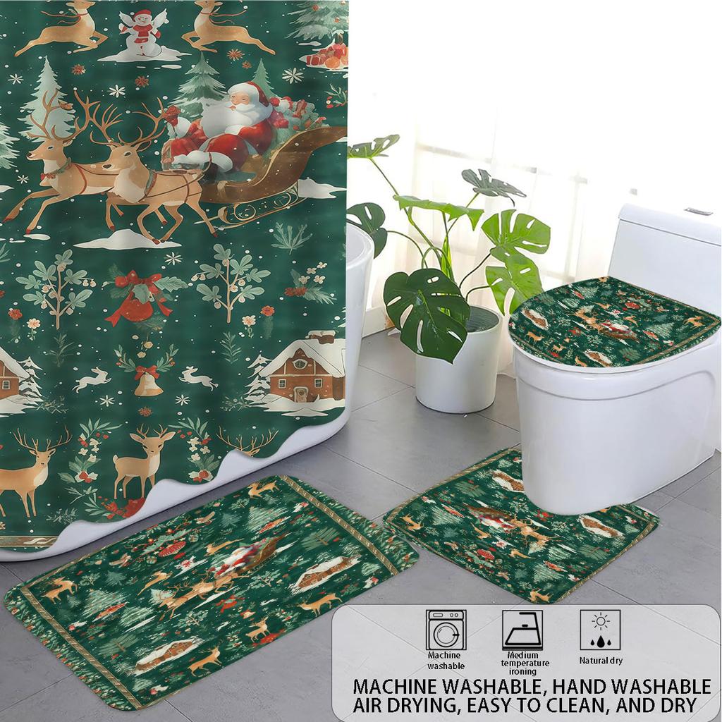 4pcs Christmas Green Forest Santa Claus Printed Bathroom Set 1pc Waterproof Shower Curtain Floor Mat Toilet Lid and U-shaped Pad