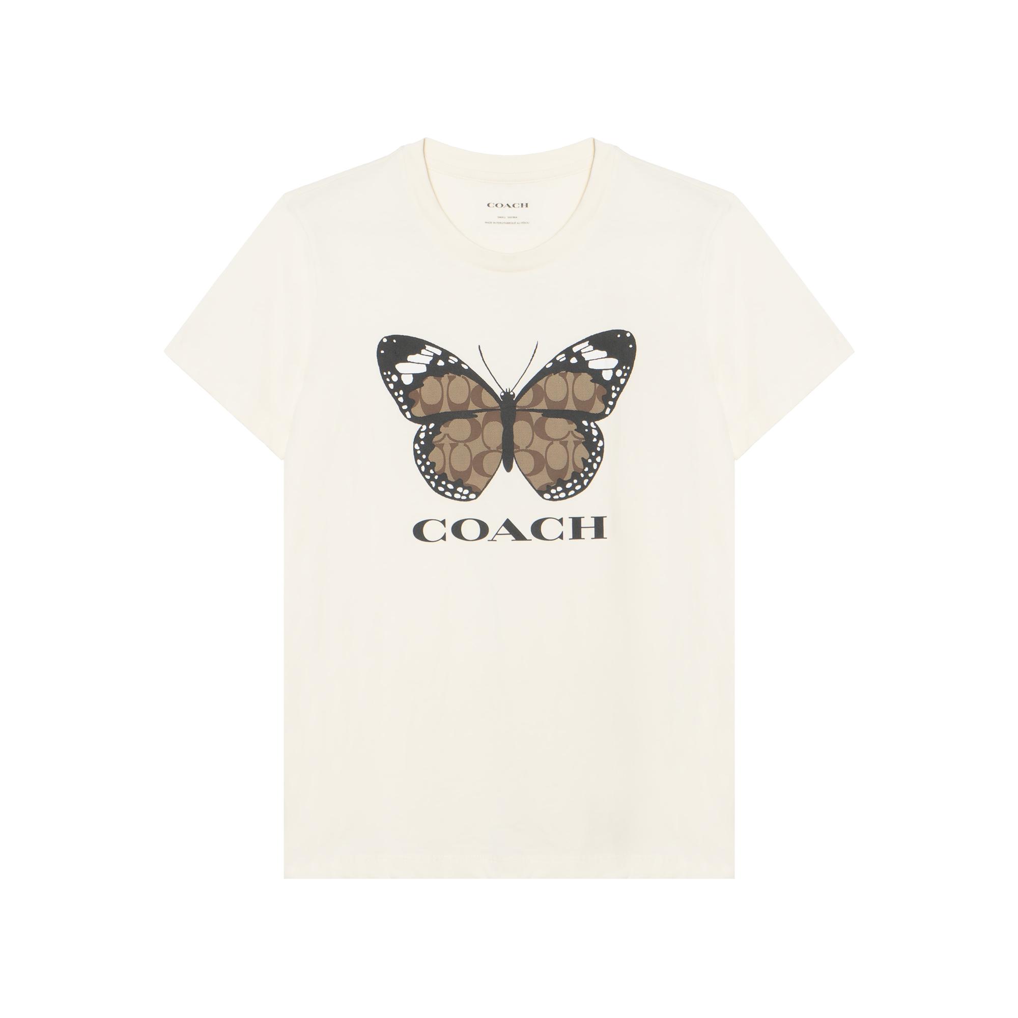 

Coach Женская футболка с круглым вырезом и коротким рукавом, принт с логотипом и бабочками SS24, топ, цвет кремовый CT618-CRM M