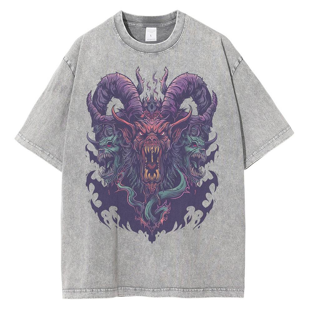 Cotton Distressed Batik Washed Graphic Tshirts Hell Demon Beast Printed Drop Shoulder Vintage Oversized Tshirt M