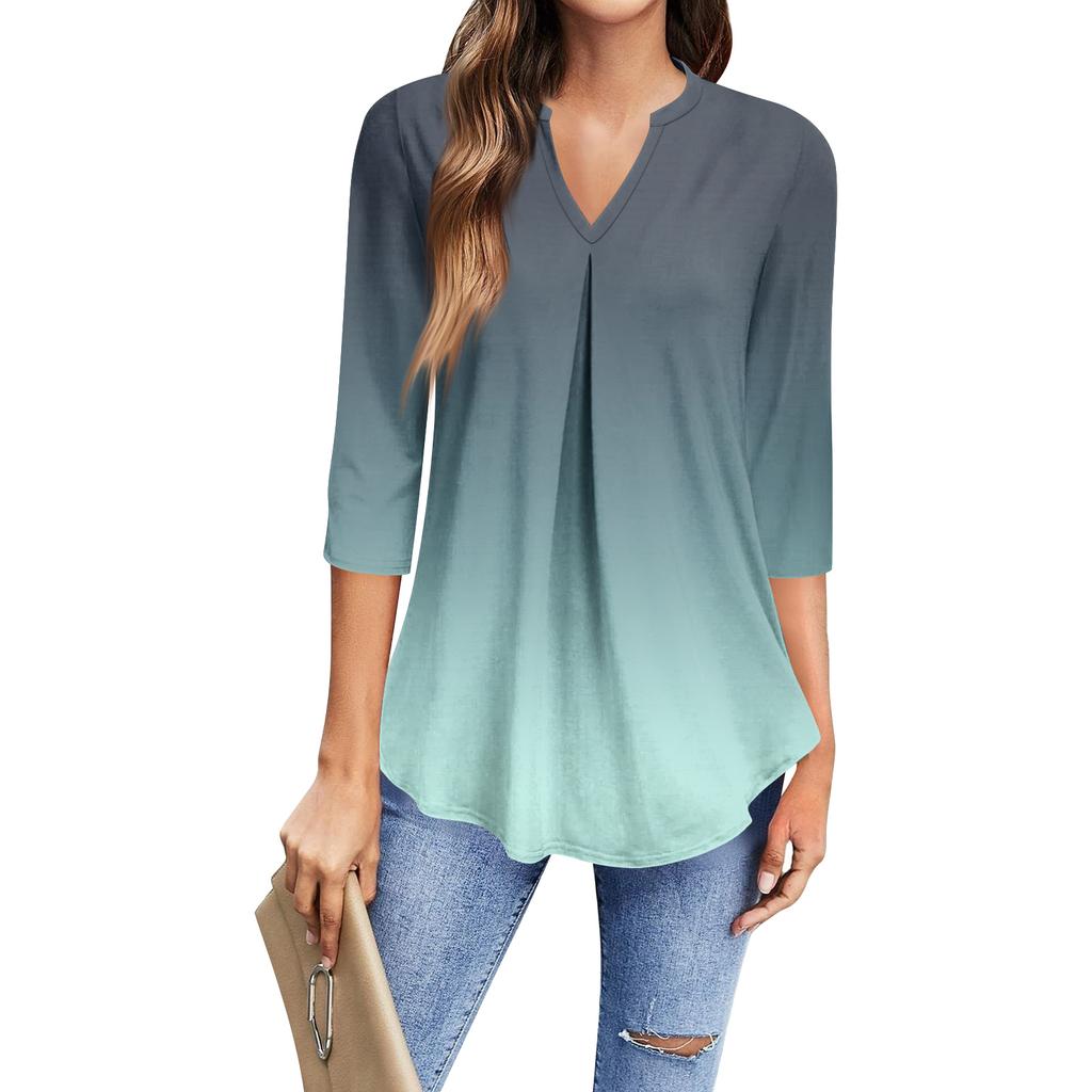 Women's Fashion Casual Three-Quarter Sleeve T-Shirt Printed V-Neck Top