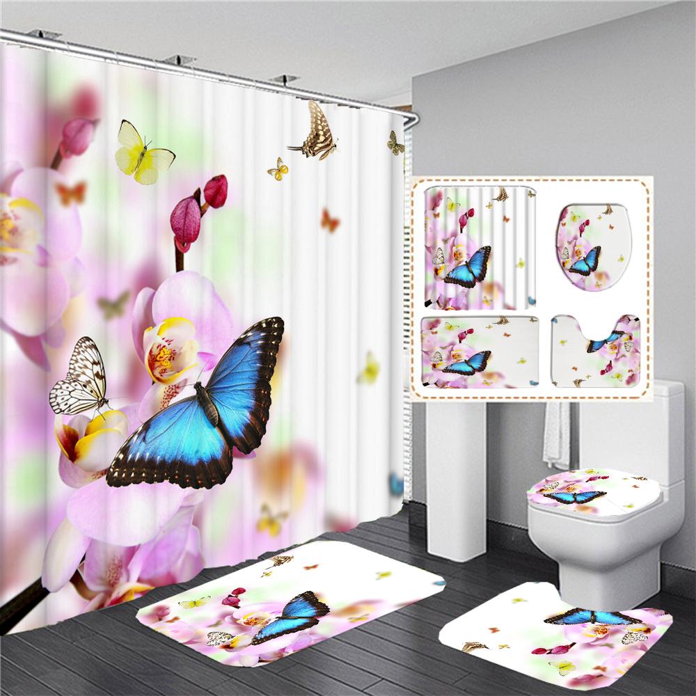 

Tulip Flowers Bathroom Curtains Floral Fabric Shower Curtain Set Bath Mats Rugs Toilet Lid Cover Anti-Skid Carpet Home Decor W60H190(CM)-1 Pcs