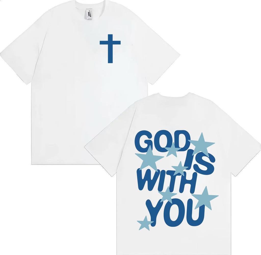 God Is with You Prints TShirt Aesthetic Crewneck Oversized Short Sleeve Tee Shirt Mens Women Gothic Casual T Shirts Streetwear