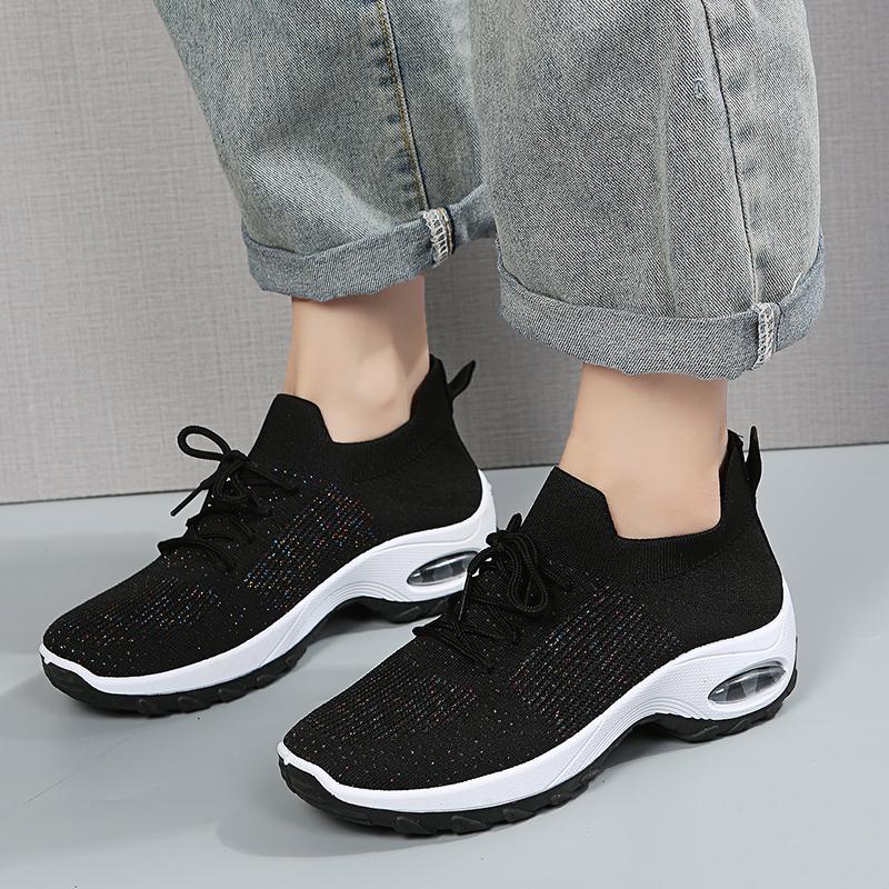 Rimocy Høst Plattform Kilesko Sneakers Kvinner Pustende Mesh Luftpute Sportssko Kvinne Blandet Farge Strikkede Fritidssko